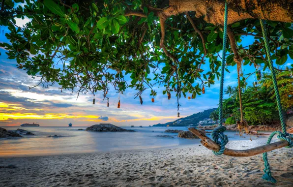 Sand, sea, beach, trees, swing, coast, bottle, Thailand
