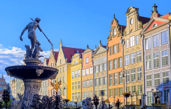 Street, home, Poland, fountain, Neptune, Sunny, Gdansk, Gdansk