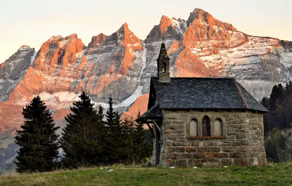 Picture autumn, snow, trees, mountains, dawn, Switzerland, Church, twilight