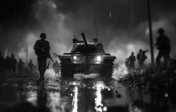Picture Night, Retro, Rain, Dirt, Soldiers, Tank, Digital art, Black and white