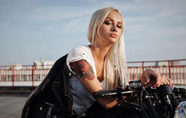 Girl, jacket, Girl, blonde, lips, Motorcycle, tattoo, Tattoo