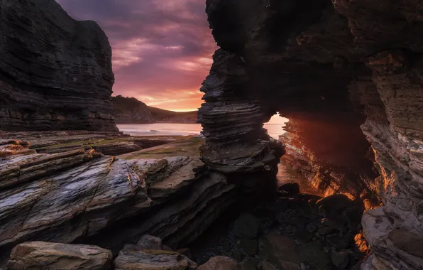 Picture sunset, rocks, shore, sea