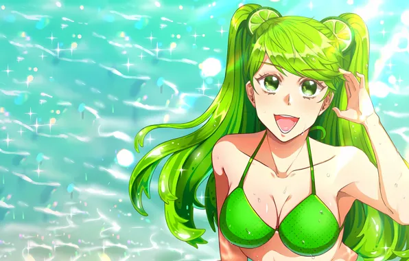 Girl, sexy, wet, cleavage, green eyes, long hair, boobs, anime