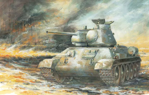 Picture figure, art, tank, USSR, WWII, Soviet, WW2., strokes