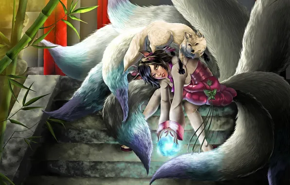 Girl, bamboo, lol, Fox, league of legends, tails, ahri