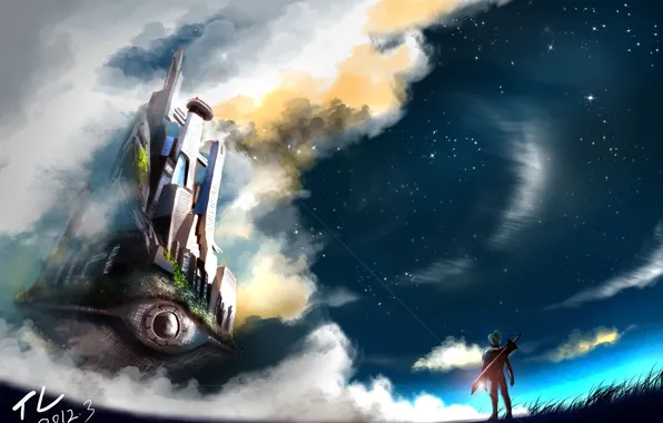 The sky, stars, clouds, weapons, castle, sword, anime, art