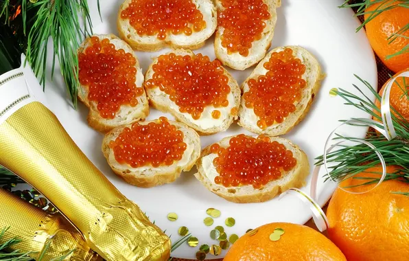 Oranges, New Year, champagne, red, caviar, sandwiches
