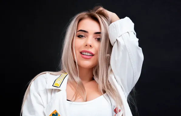 Picture chest, girl, face, smile, hair, jacket, blonde, beautiful girl