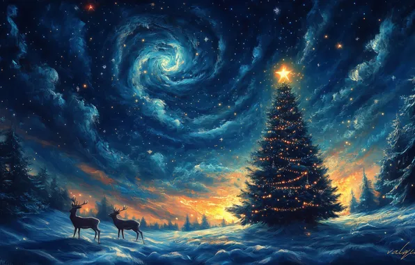 Winter, animals, the sky, clouds, snow, night, tree, deer