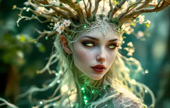 Eyes, look, girl, trees, branches, portrait, fantasy, blonde