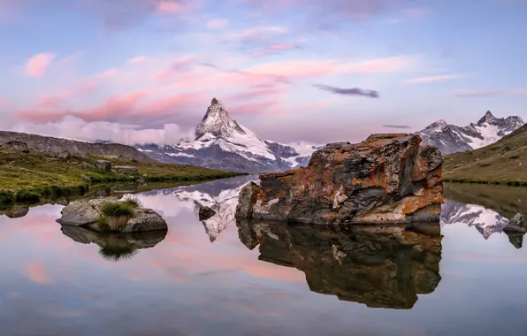 Mountains, lake, stones, Switzerland, Matterhorn
