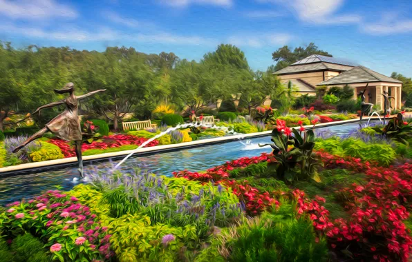 Flowers, Park, treatment, pool, fountains, sculpture