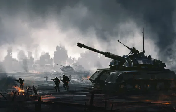 Picture The city, Smoke, War, Soldiers, Tanks, Attack, Devastation, The end of the world