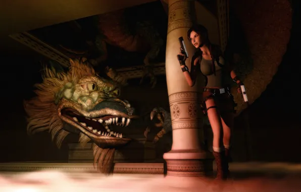 Picture dragon, guns, Tomb Raider, column, dungeon, Lara Croft, Lara Croft: tomb raider