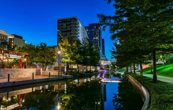 The sky, water, trees, lights, reflection, home, the evening, channel