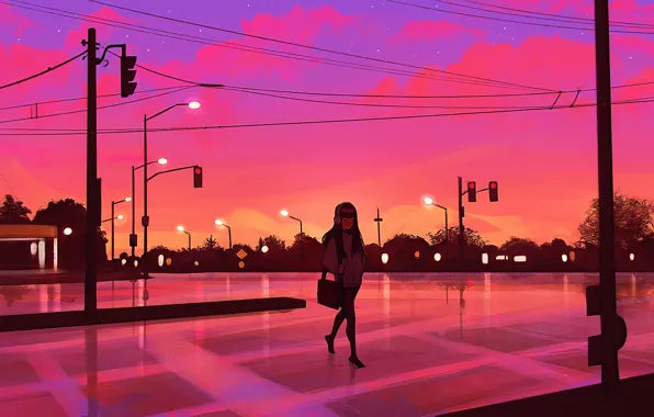 Girl, sunset, street, the evening