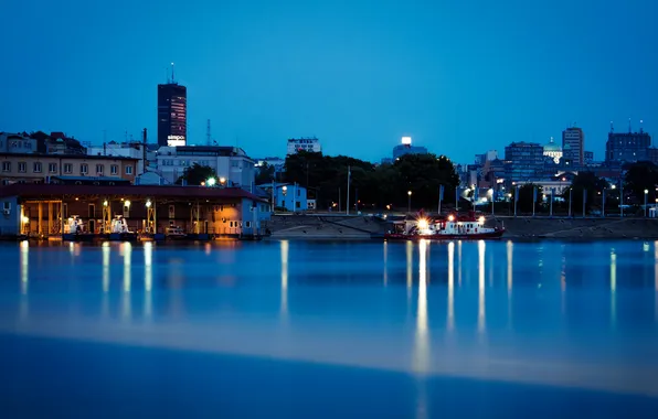 Picture night, lights, river, shore, pier, boats, Serbia, домаBelgrade