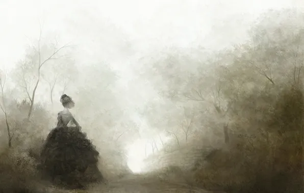 Road, trees, fog, loneliness, Girl, black, lady, Quinceanera dresses
