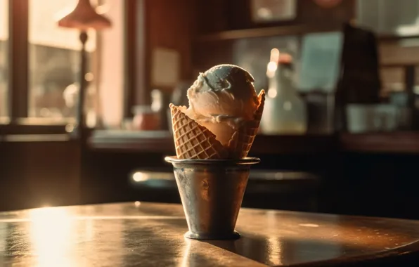 Light, table, kitchen, ice cream, bokeh, waffle cone, AI art, neural network