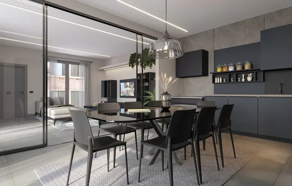 Villa, interior, Italy, kitchen, living room, dining room, dining area, Italian design