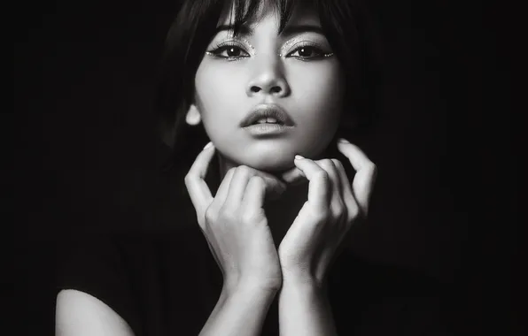 Look, pose, model, portrait, hands, makeup, hairstyle, black and white