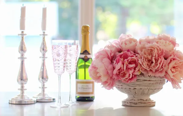Light, flowers, table, wine, romance, bottle, bouquet, candles