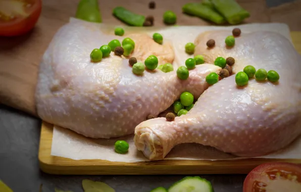 Chicken, meat, bokeh, cutting Board, cooking, poultry meat, green peas, Kura