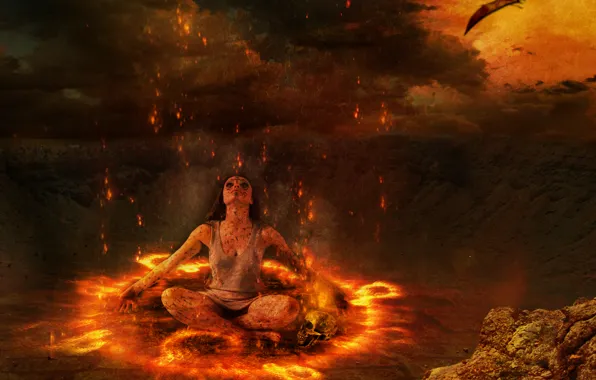 Girl, fire, magic, dragon, sparks, Fantasy