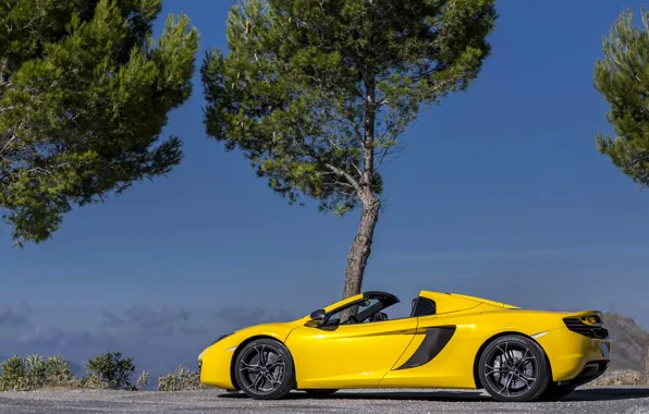 Picture the sky, trees, yellow, spider, convertible, spider, McLaren, Mclaren MP4-12C