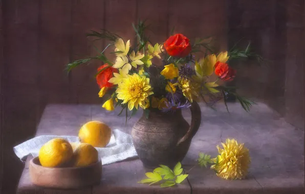 Leaves, flowers, table, Board, Maki, bouquet, yellow, red