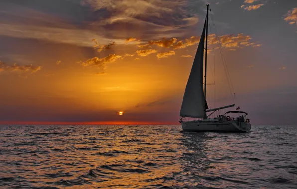 The sky, clouds, sunset, boat, the evening, yacht, sail, night