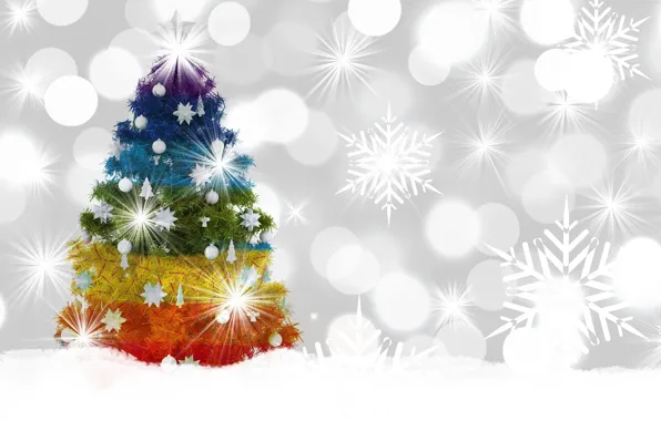 Picture winter, decoration, snowflakes, colored, tree, new year, bokeh
