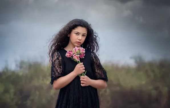 Clouds, bouquet, girl, Storm Clouds And Flowers