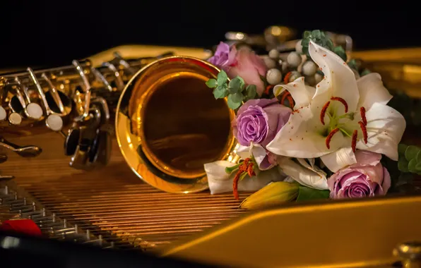 Flowers, the dark background, Lily, roses, bouquet, pipe, musical instrument, composition
