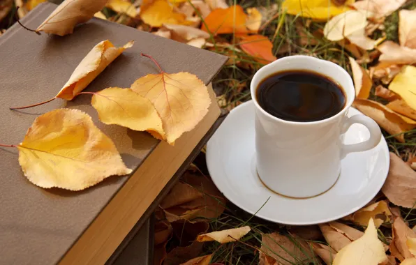Autumn, leaves, coffee, Cup, autumn, leaves, book, fall