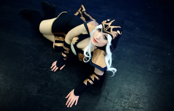 Picture girl, floor, lying, cosplay, Ashe, league of Legends