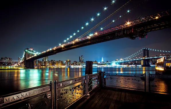 Night, bridge, the city, river, New York, backlight, USA, Brooklyn