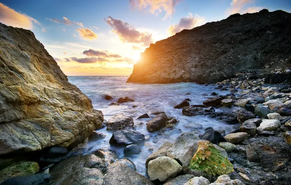 Picture sea, wave, the sky, the sun, clouds, nature, stones, the ocean