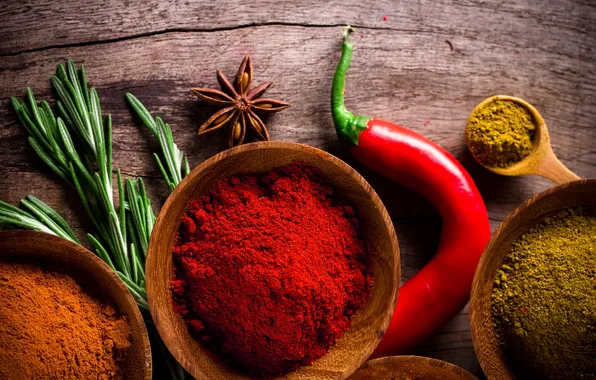 Pod, spices, seasoning, star anise, red pepper, bowls, saffron