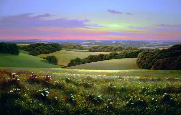 Landscape, sunset, glade, the evening, valley, meadow, painting, Terry Grundy