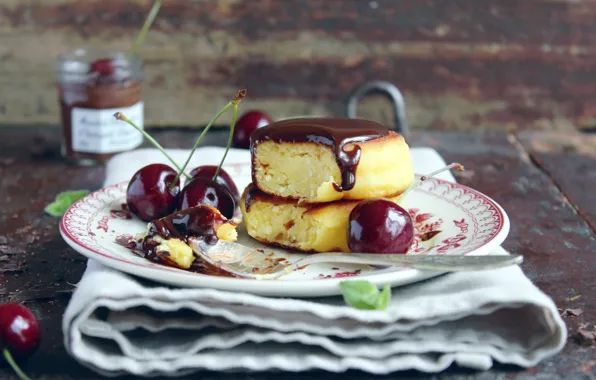 Picture cherry, food, chocolate, plate, dessert, cheesecakes