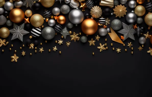 Background, balls, New Year, Christmas, golden, new year, happy, black