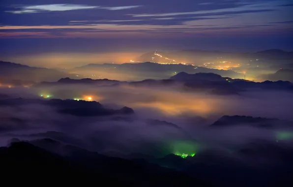 Clouds, mountains, night, glow