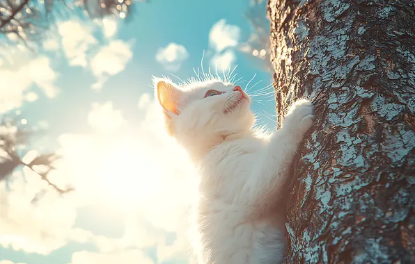 Cat, white, the sky, the sun, clouds, light, pose, blue