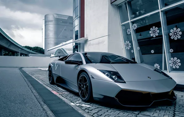 The sky, clouds, silver, lamborghini, front view, murcielago, Lamborghini, silvery