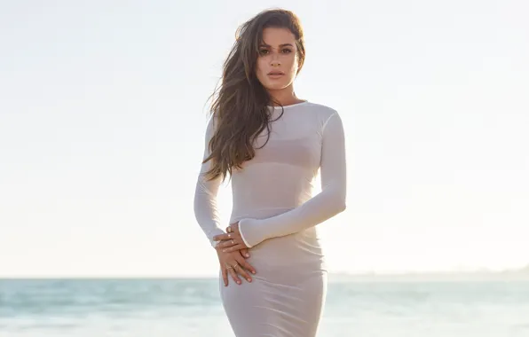 Sea, the sky, the sun, makeup, figure, dress, actress, horizon