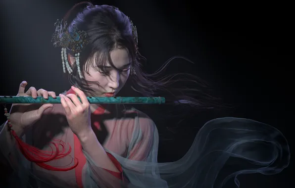 Girl, rendering, mood, art, flute, Qi Sheng Lu