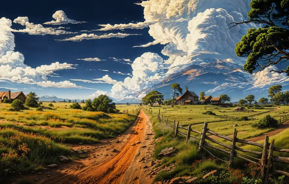 Picture landscape, clouds, artwork, ranch, AI art