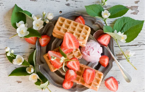 Picture berries, strawberry, ice cream, waffles, Jasmine