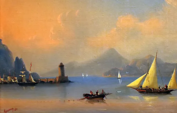 Picture mountains, boat, lighthouse, sailboat, Italy, calm, painting, Aivazovsky Ivan